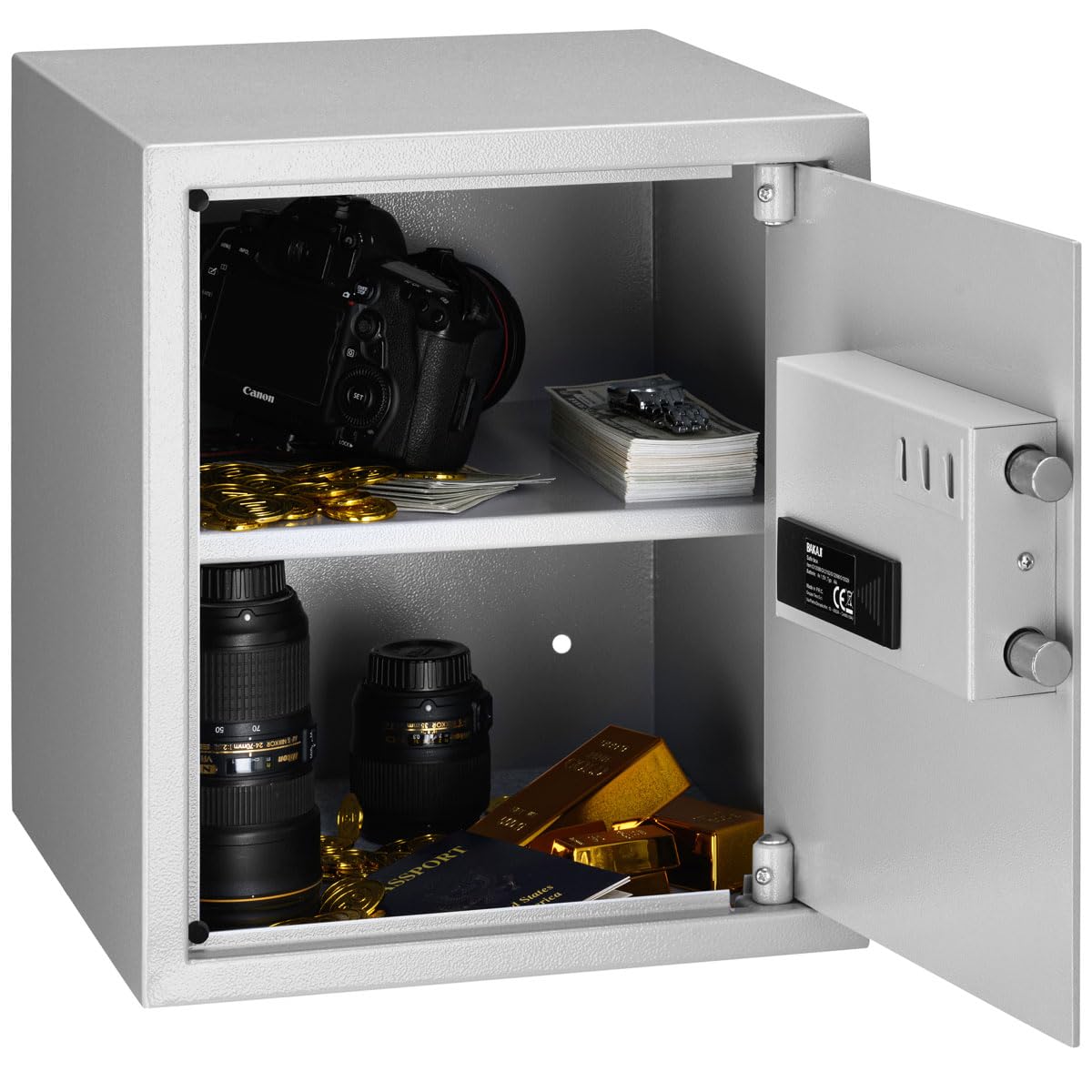 BAKAJI Caja fuerte electrónica de seguridad con caja de batería externa, caja de valores y documentos antirrobo para casa, hotel, armario de pared o independiente, 40 x 35 x 40 cm (gris)