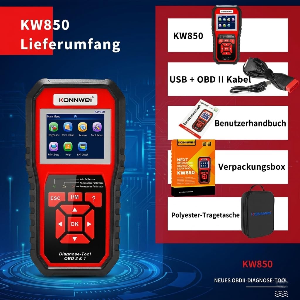 KONNWEI KW850 OBD2 Diagnosegerät mit Batterietest Diagnosegerät Auto | Auslesegerät Auto mit 2.8" Display, One Touch I/M Bereitschaftstaste, Kompatibel mit OBDII Fahrzeugen ab 2002,9 Sprachen