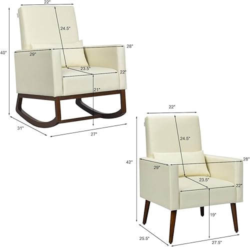 Miniatura 3 de Giantex Mecedora de tela con respaldo alto y almohada para la cintura, de madera, cónica y mecedora de dos patas, silla tapizada multifuncional para