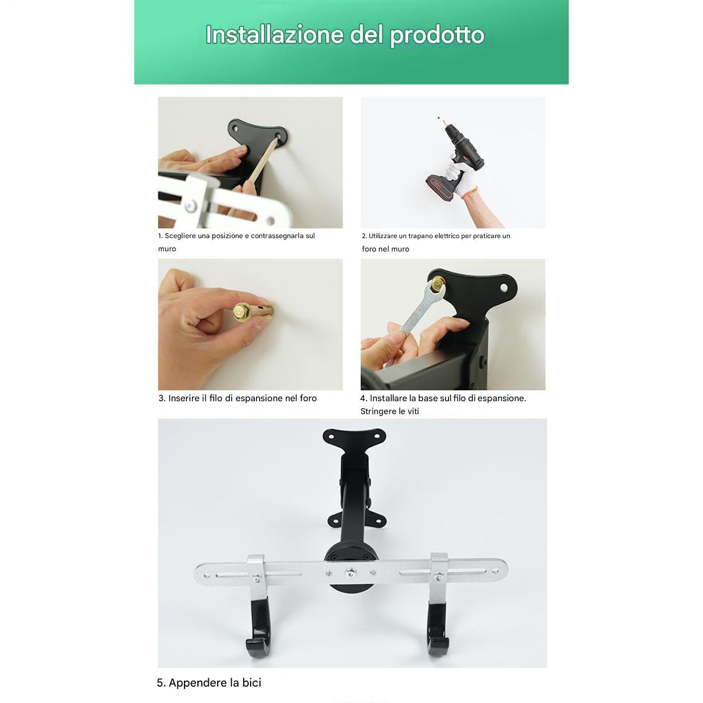 Appendino Per Biciclette Da Parete Gancio Regolabile | Portabiciclette Verticale Da Parete Per Uso Interno, In Casa, Garage, Per Organizzazione, Deposito, Esposizione E Risparmio