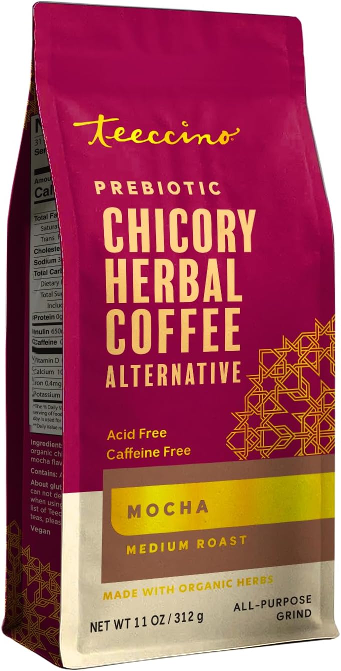 Teeccino Mocha Chicory Herbal Coffee Alternative, Caffeine Free, Acid Free, Coffee Substitute, Prebiotic, 11 Ounce