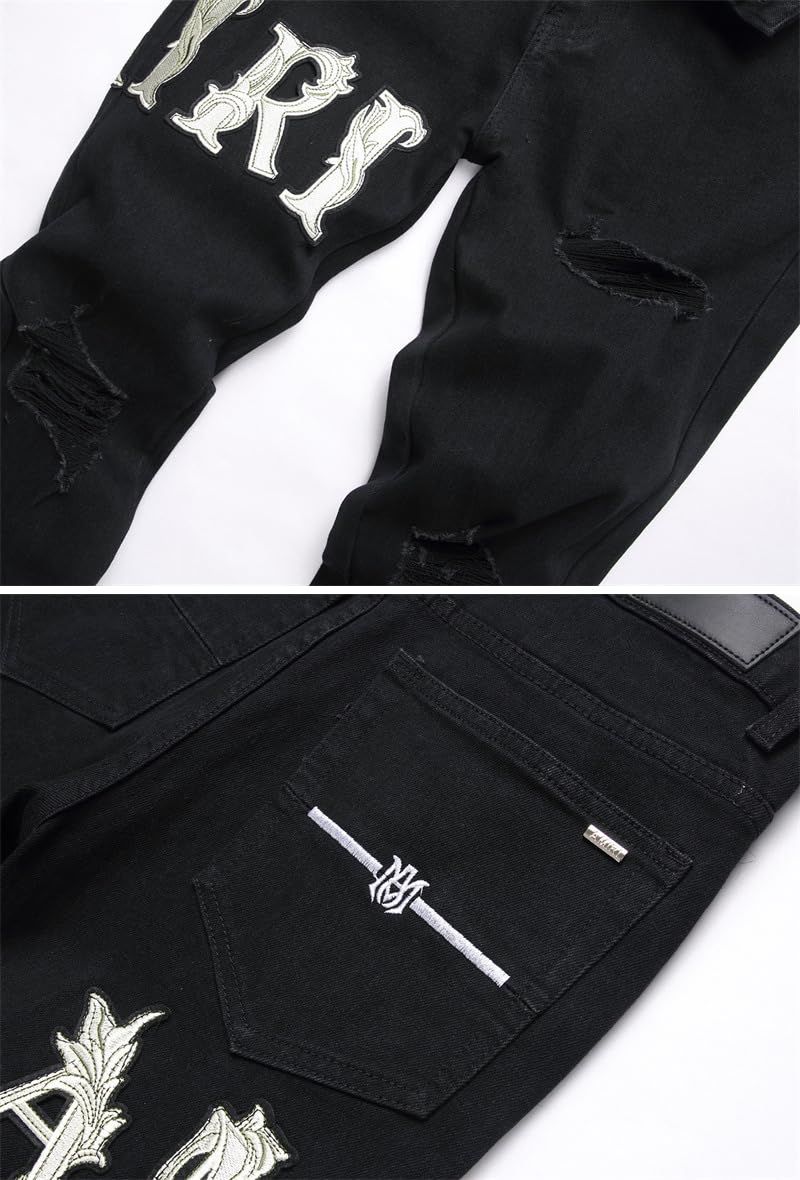 Vaqueros Hombre Slim Fit Rasgados – Vaqueros Negros de Mezclilla Elástica con Diseño Moderno y Versátil, Inspiración Y2K Streetwear Hip-Hop para un Look Urbano y Actual