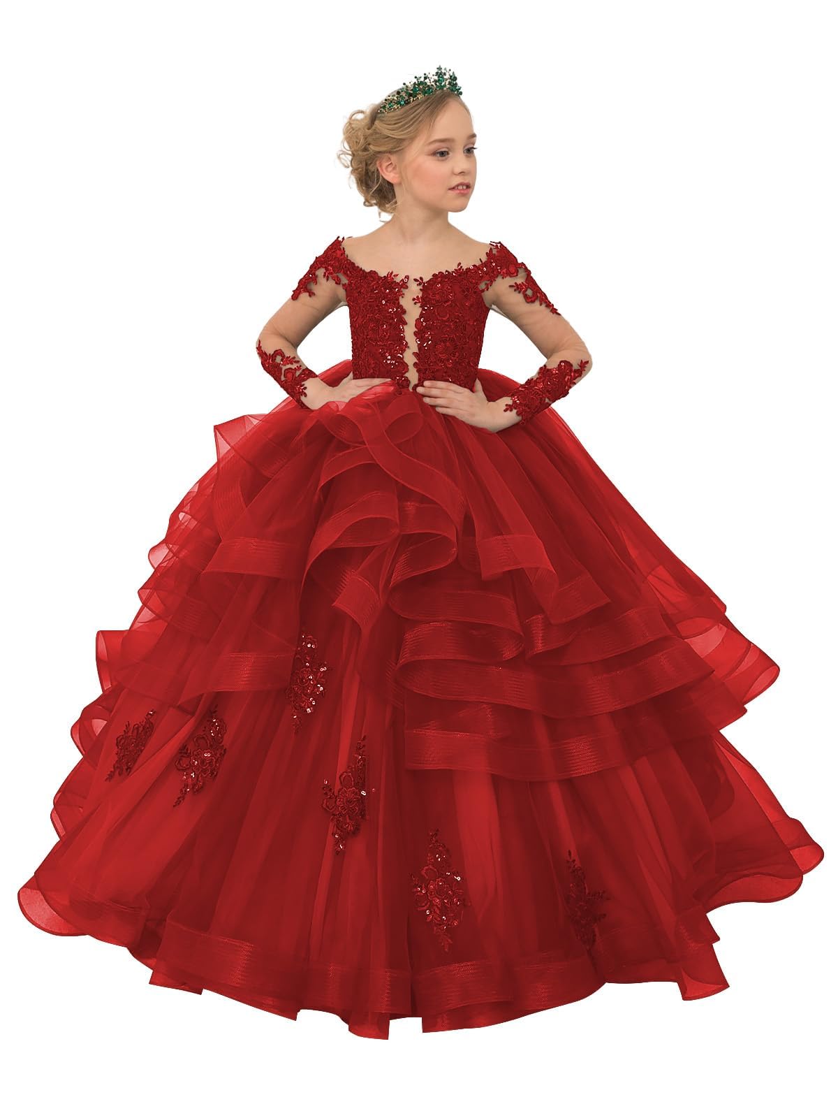 ROFTEK Long Sleeve Flower Girl Dresses Laces Applique Princess Pageant Dress Ruffle Beaded Tulle Kids Prom Party Gown