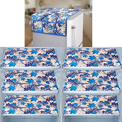 Image of Combo Set of 1 Pc Fridge Top Cover and 6 Pc Fridge Mats (Blue, Set of 7)