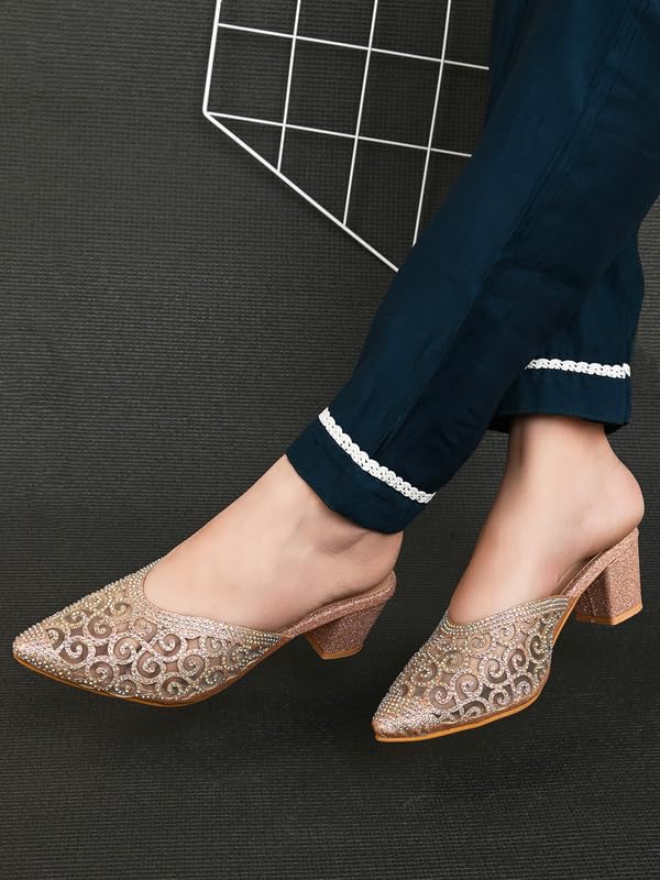 XE Looks Comfortable & Trendy, Fancy Golden Block Heel Slip-On sandal for Women - Image 2