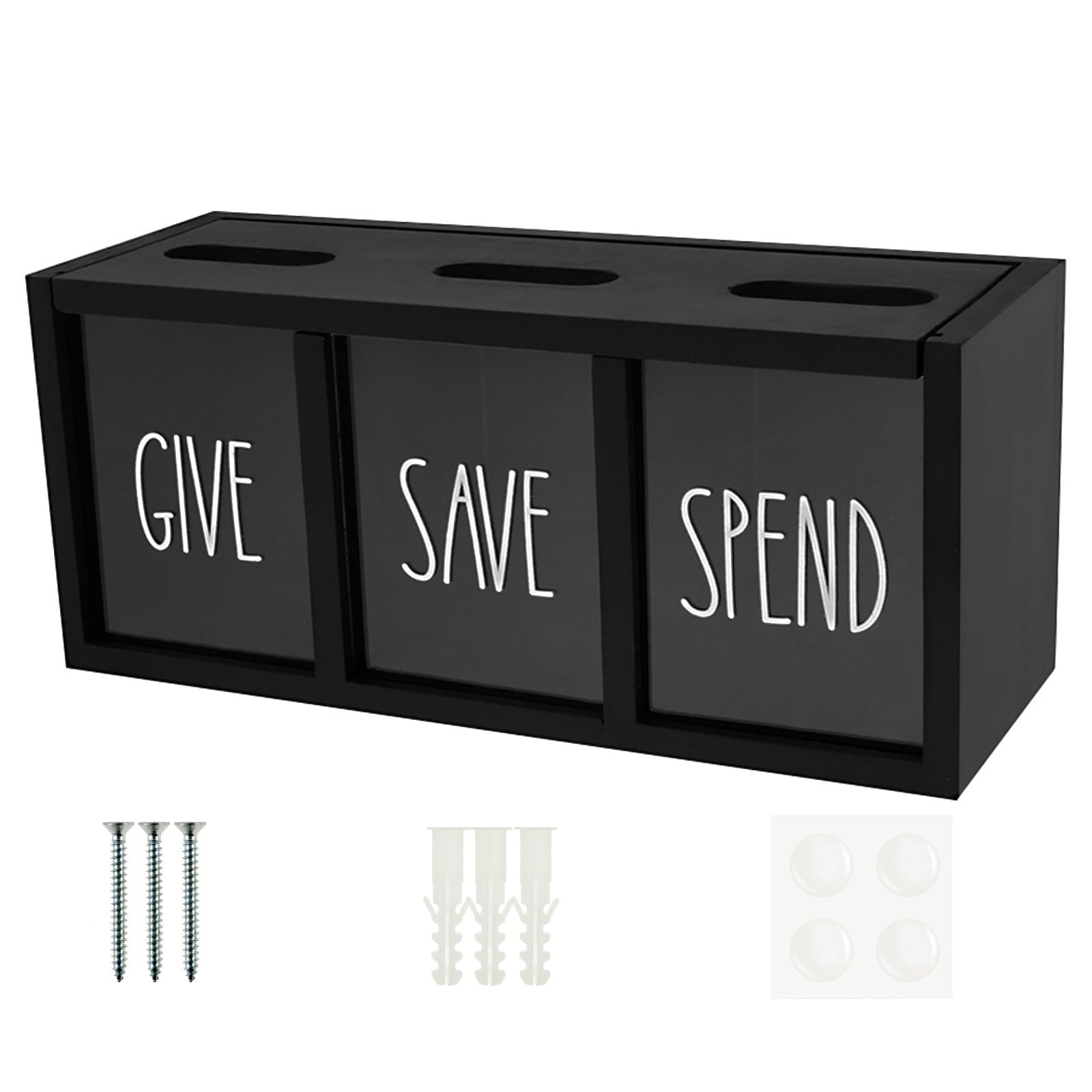 Yjqxmyu Black Give Save Spend Money Box, 25Cm Visualized Wood Piggy Bank For Kids Adults, Wall Mounted Money Savings Challenge Cash Container, Teach Children About Giving & Saving Box (Black)