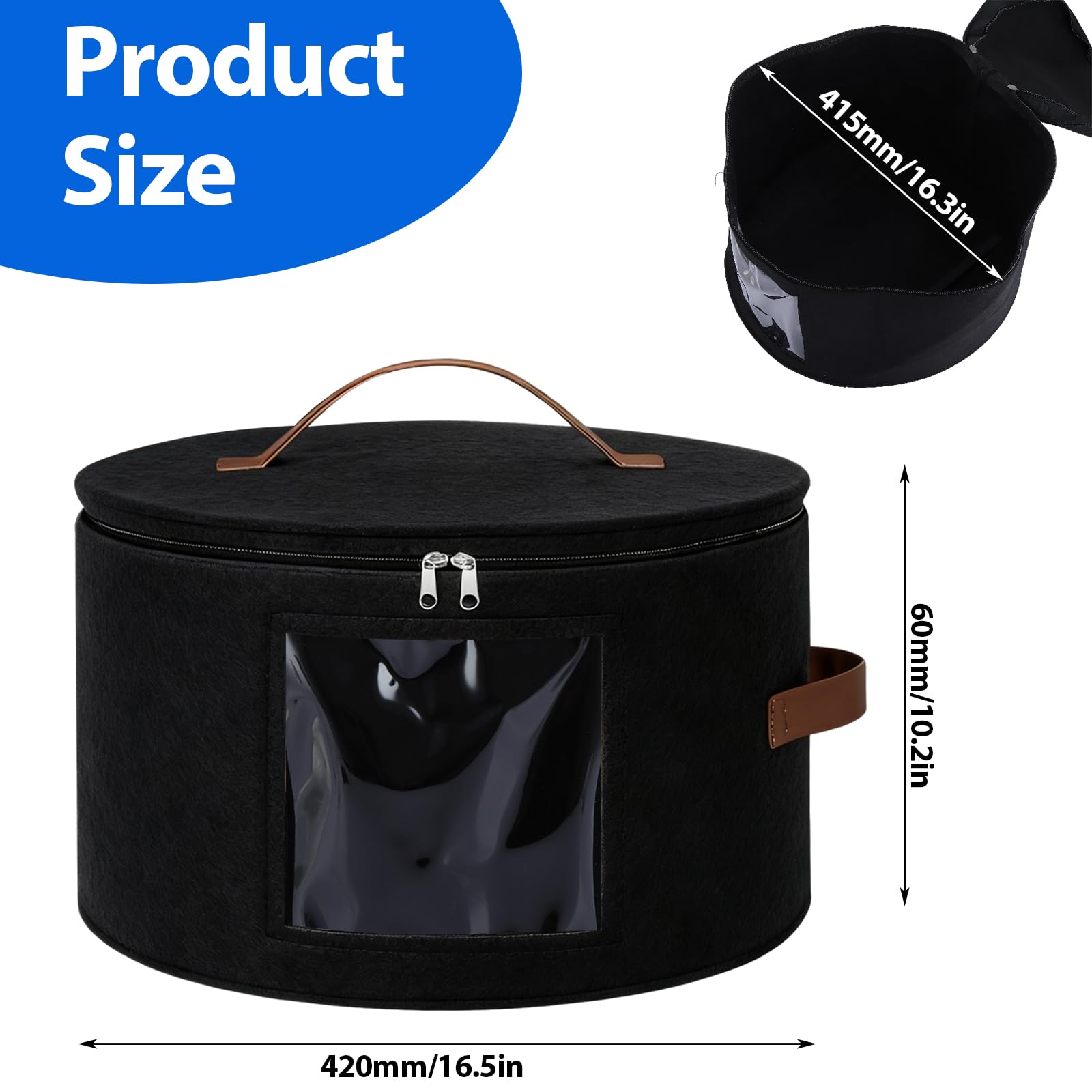 APACALI 2 Pack Hutboxen mit Deckel, 42 x 26 cm, runde Hutaufbewahrungsbox, faltbare Hutboxen mit transparentem Fenster und Griffreißverschluss zur Aufbewahrung von Kleidung, Schwarz