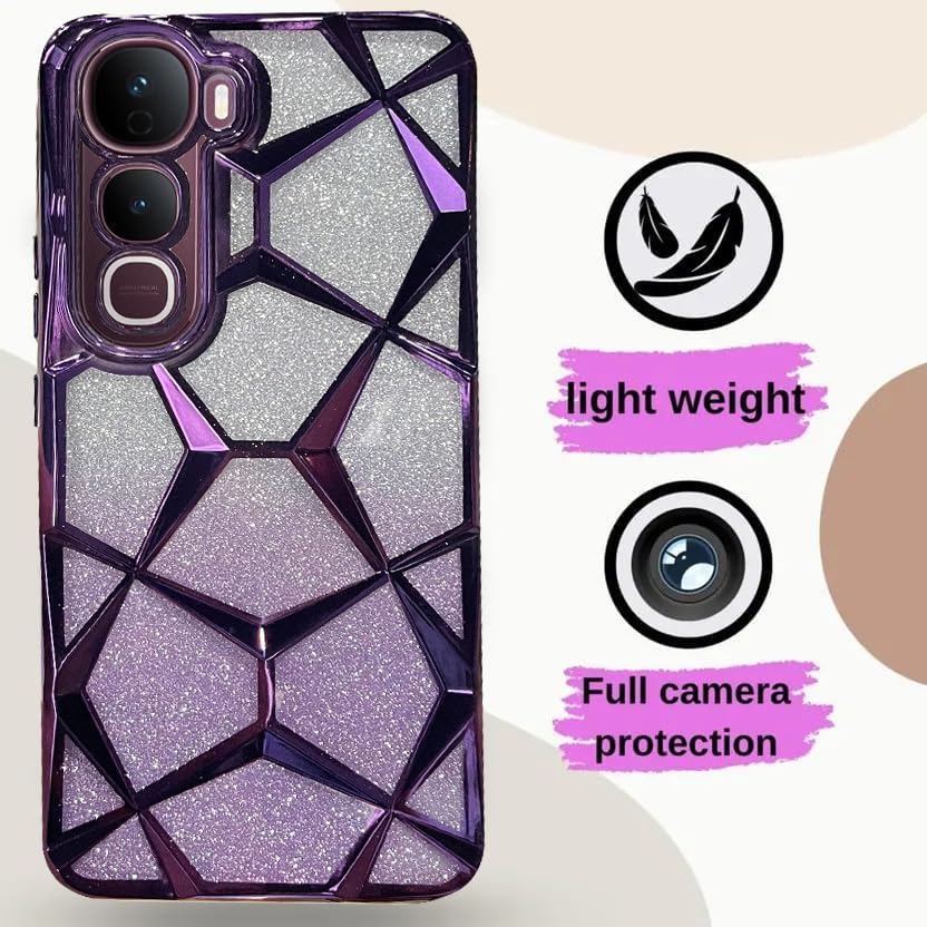 Image of VONZEE Gradient Glitter Case for VIVO Y400, Luxury Electroplated 3D Cube, Diamond Bling Shiny Soft TPU Clear Shockproof Women Girls Protective Phone Cover (Deep Purple)