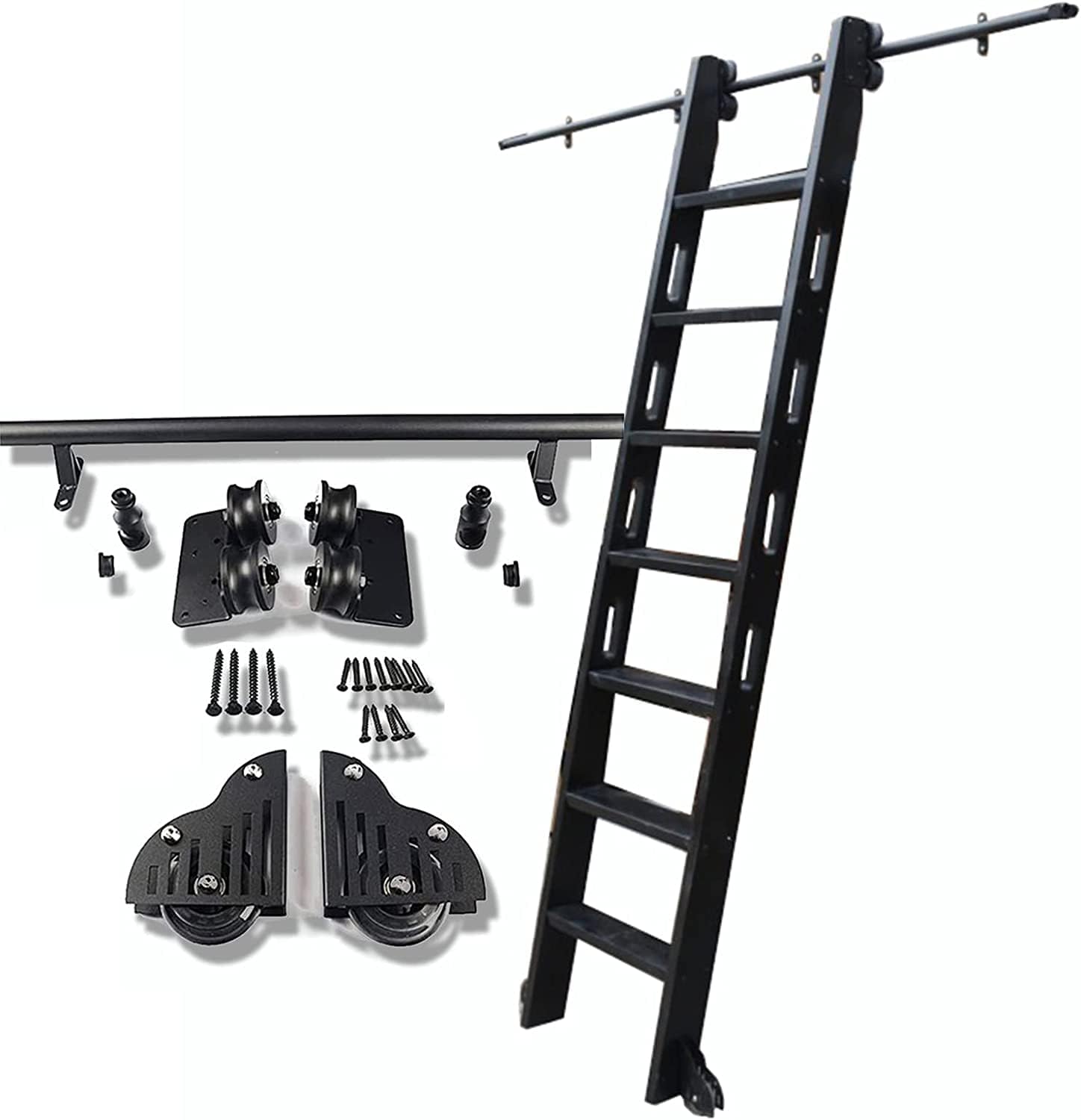 Sliding Ladder Hardware Rolling Ladder Complete Set for Library | 3.3ft-20ft Steel Round Tube Mobile Ladder Rail | with Floor Roller Wheels,6.6ft/200cm Track Kit