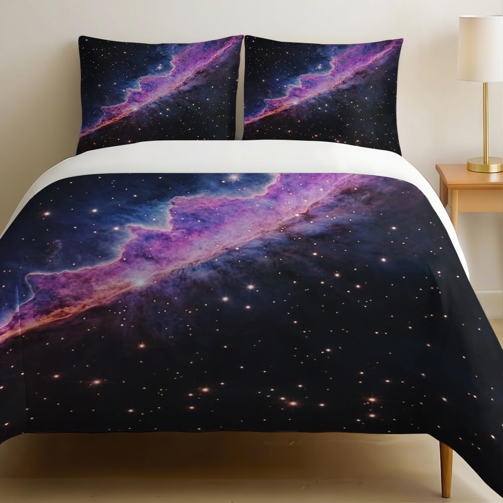 Housse de couette galaxie 140x200 imprimé de luxe violet et nébuleuses