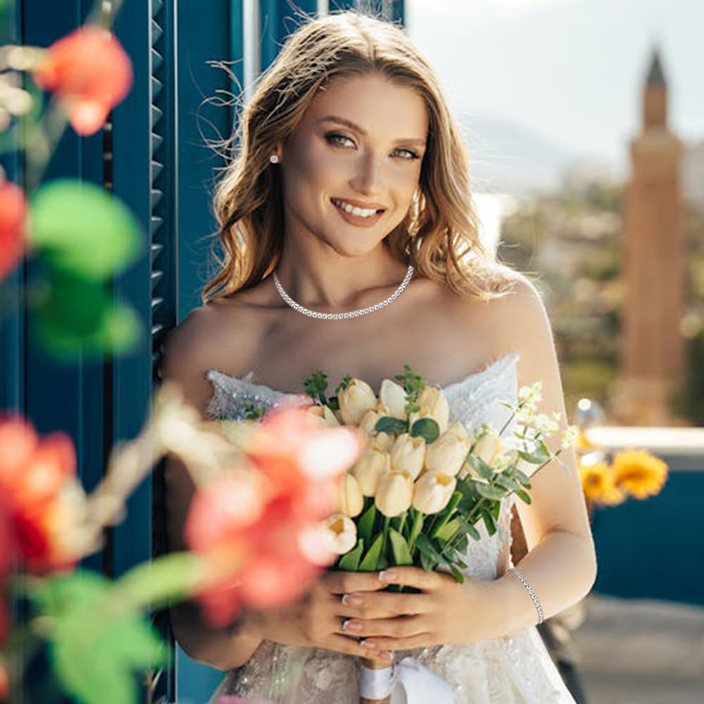 Silver Tennis Necklace and Bracelet Set for Women Wedding Jewelry Sets for Brides Earrings Prom Bridesmaid Jewelry