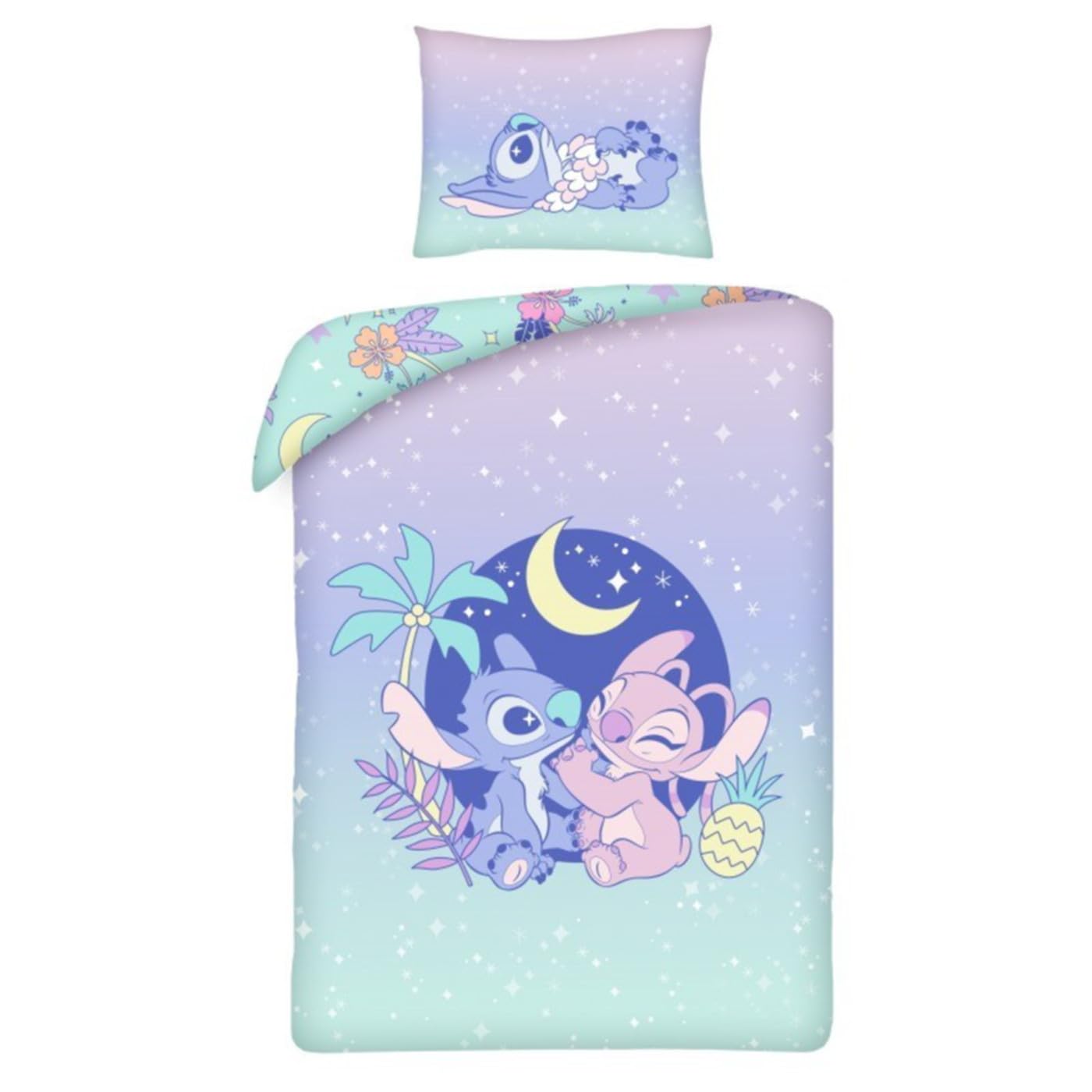 Disney Stitch et Angel – Parure de lit avec housse de couette individuelle réversible de 140 x 200 cm et taie d'oreiller de 70 x 90 cm – Violet multicolore – 100% coton OEKO-TEX