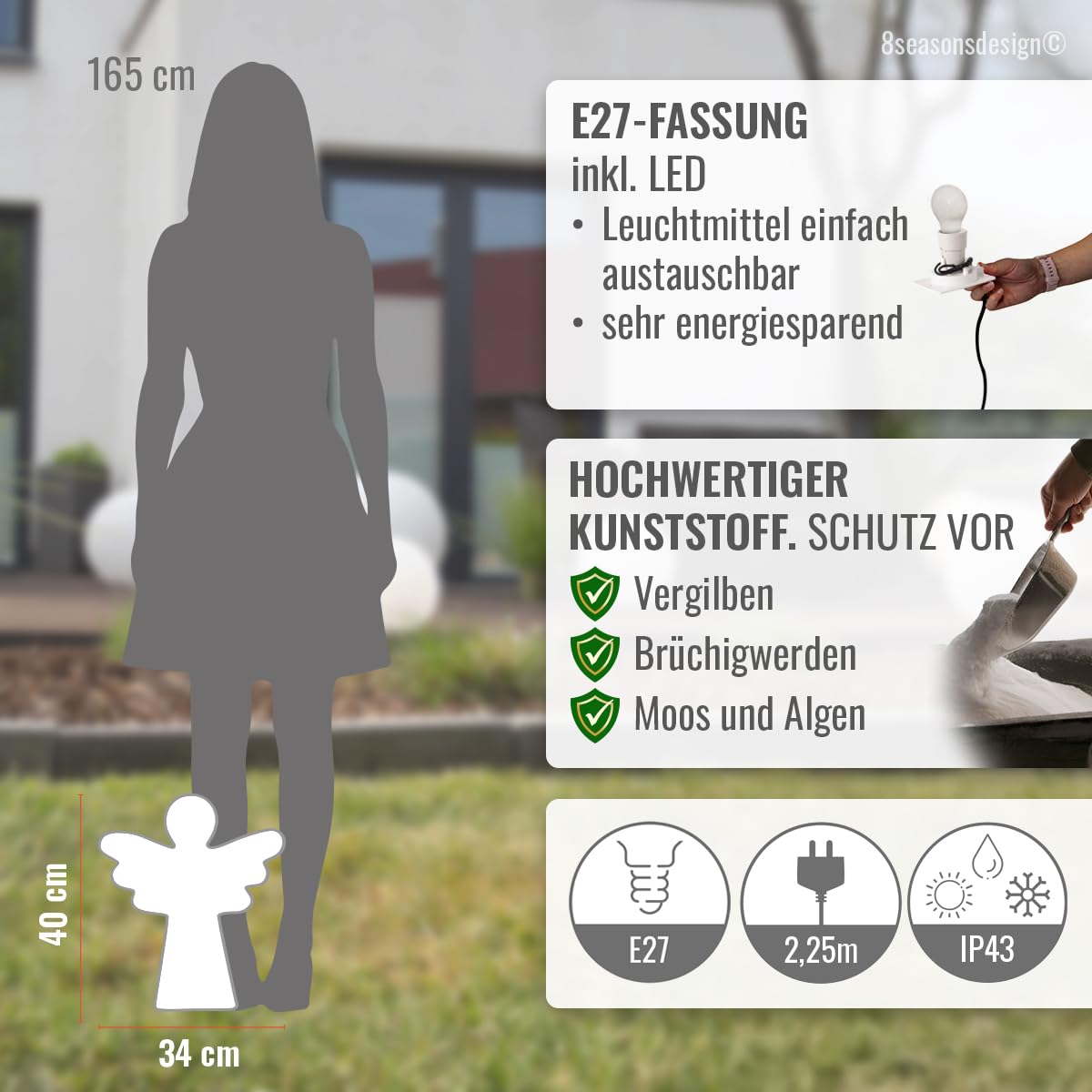 8 seasons design LED Engel 40 cm Shining Angel, E27, Leuchtmittel warmweiß -winterfest- Weihnachtsengel für außen (Garten, Balkon) und innen – Weihnachtsbeleuchtung, Taufe, Kommunion, Konfirmation