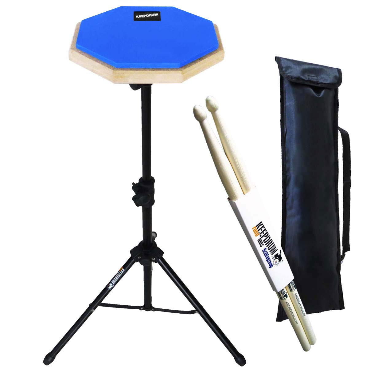 keepdrum DP-BL SET Practice Pad Blau mit Stativ und Tasche + Drumsticks 1 Paar