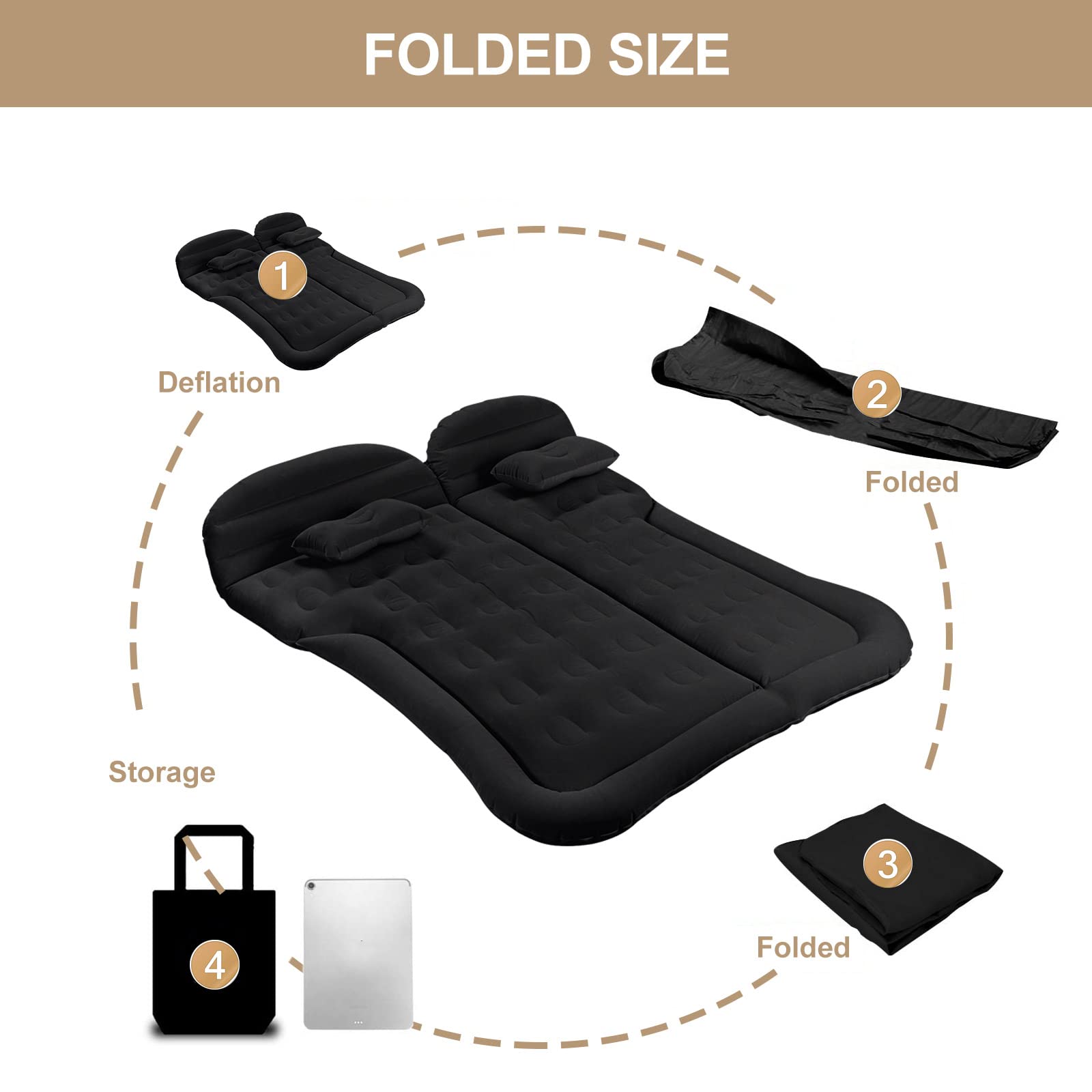 Vinteky Materasso ad aria, gonfiabile, per auto, con pompa ad aria elettrica e 2 cuscini, automatico, universale, per bagagliaio e SUV, campeggio, viaggi, esterni, 175 cm x 130 cm, colore nero