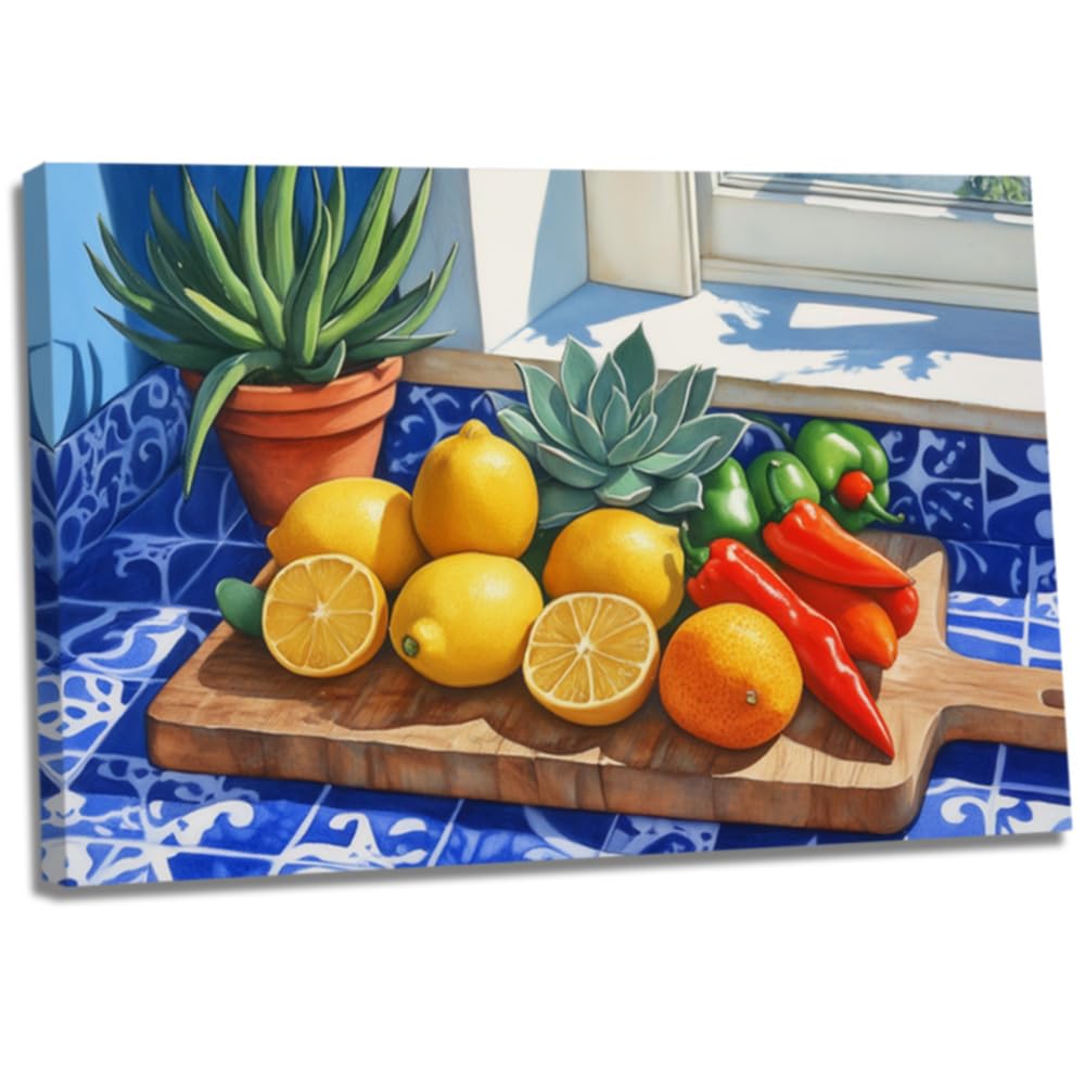 LMYSXAOZ Lemons Canvas Print Fresh Citrus Fruit & Blue Pottery Still Life Painting Farmhouse Kitchen Wall Decor Framed (blue,70x105cm)