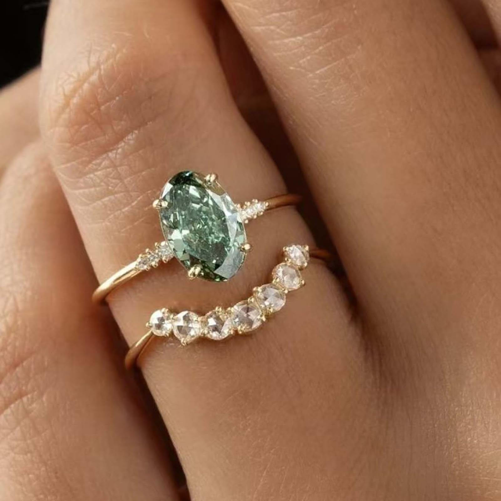 Set di anelli da donna in oro giallo 18 carati, anello a doppia fascia con moissanite verde