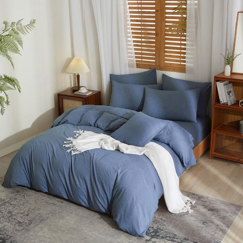 Gezu Housse de Couette Coton Lin 220x240 Bleu Parure de Lit 100% Naturel Lin Coton Doux Respirant Linge de Lit 2 Personnes avec Fermeture Éclair et Taies d'oreiller 65x65 cm