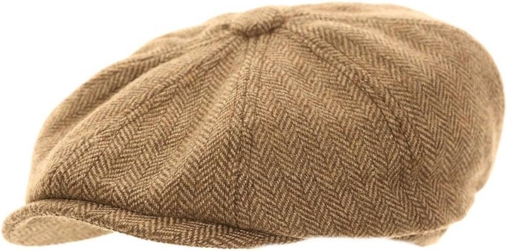 WrapeezyLight Brown Herringbone Newsboy 8 Panel Baker Boy Tweed Flat Cap Mens Gatsby Hat (58cm M Medium 58 cm)