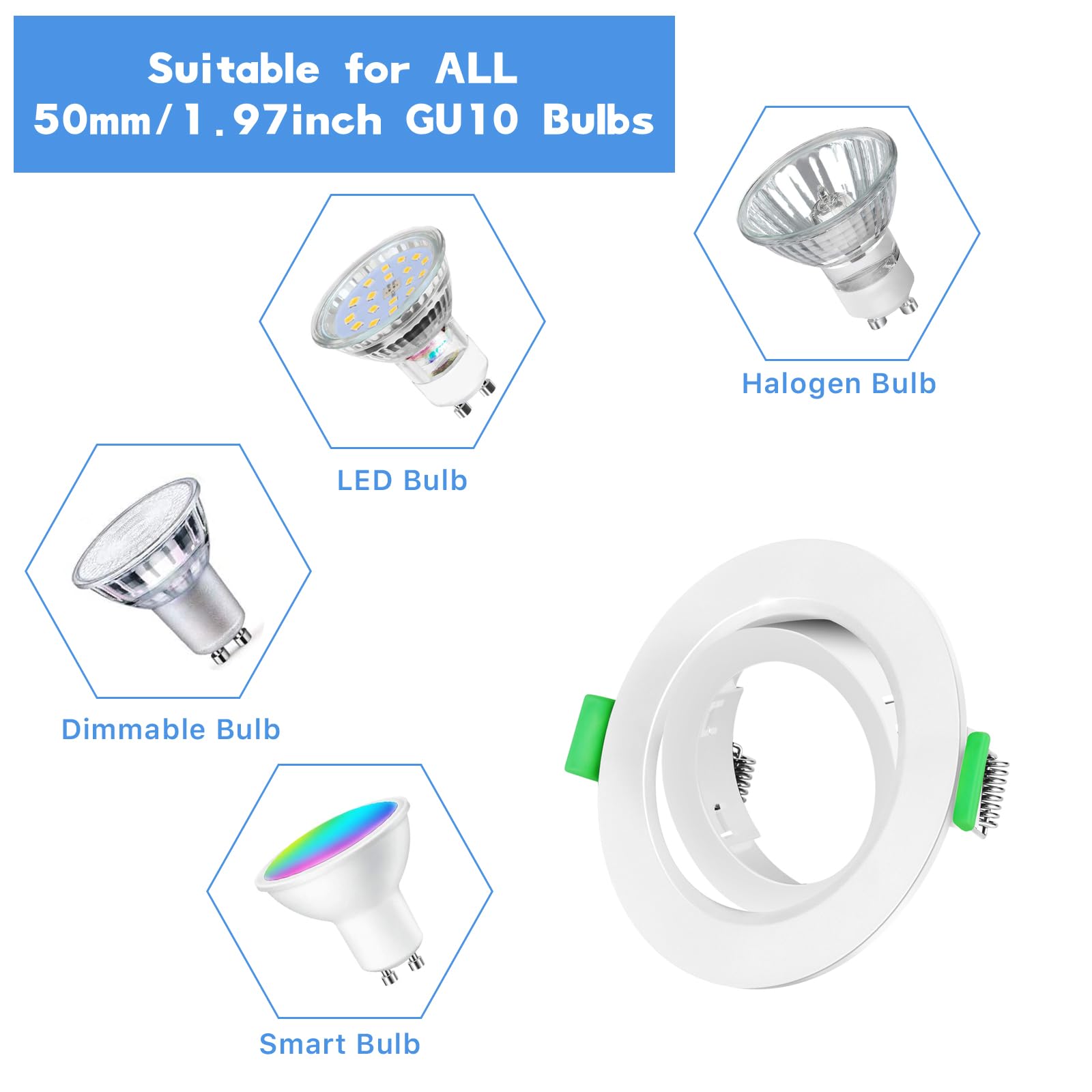 Tofisr - Recessed Spotlights GU10 Pack of 10 White with Ceramic Socket Diameter 75 mm 35° Swivelling for LED Lamps - Image 3