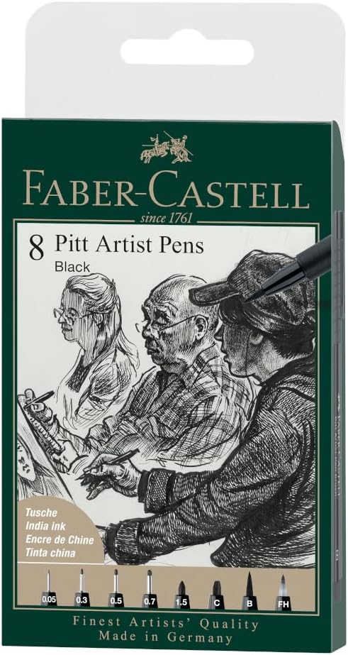 PITT Artist Pen India Ink Pen - wallet of 8 - colour 199 black - XXS, S, F, M, B, C, 1.5, Fude Hard, (167158)