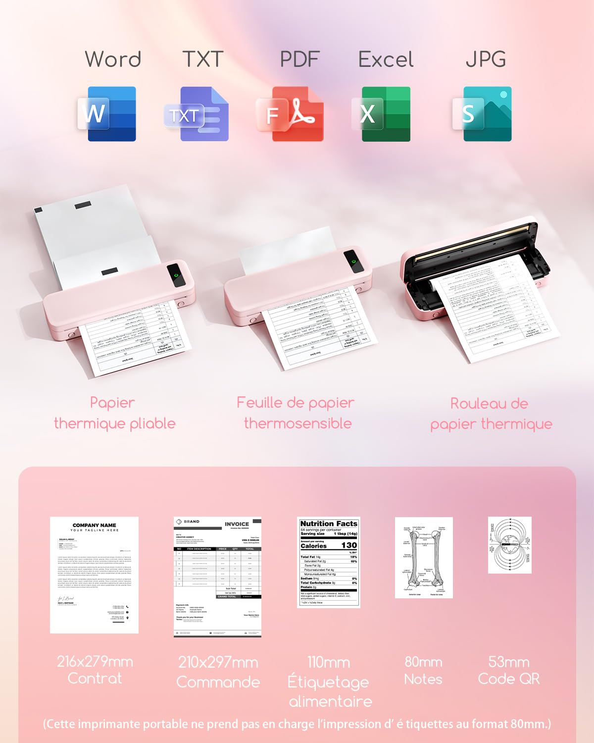 TATTMUSE Imprimante A285M Rose et 100 Feuilles de Papier Thermique A4