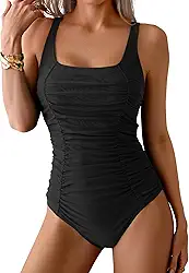 Maiô feminino franzido com controle de barriga emagrecedor, cobertura total, traje de banho curvilíneo