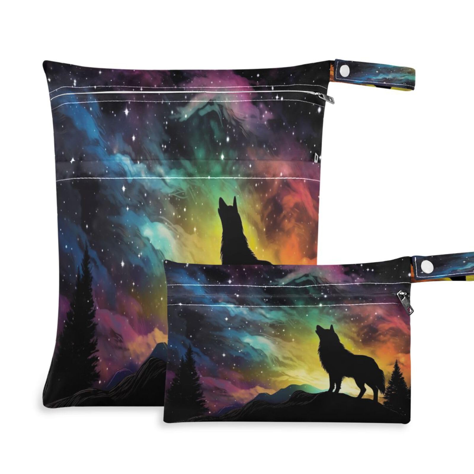 ATTX Dreamscapes Wolf Wet Dry Bags 2-Pack - Reusable Cloth Diaper Storage for Travel, Beach & Gym | Multi-Use Waterproof Bags for Swimsuits, Baby Clothes, Sports Gear#251