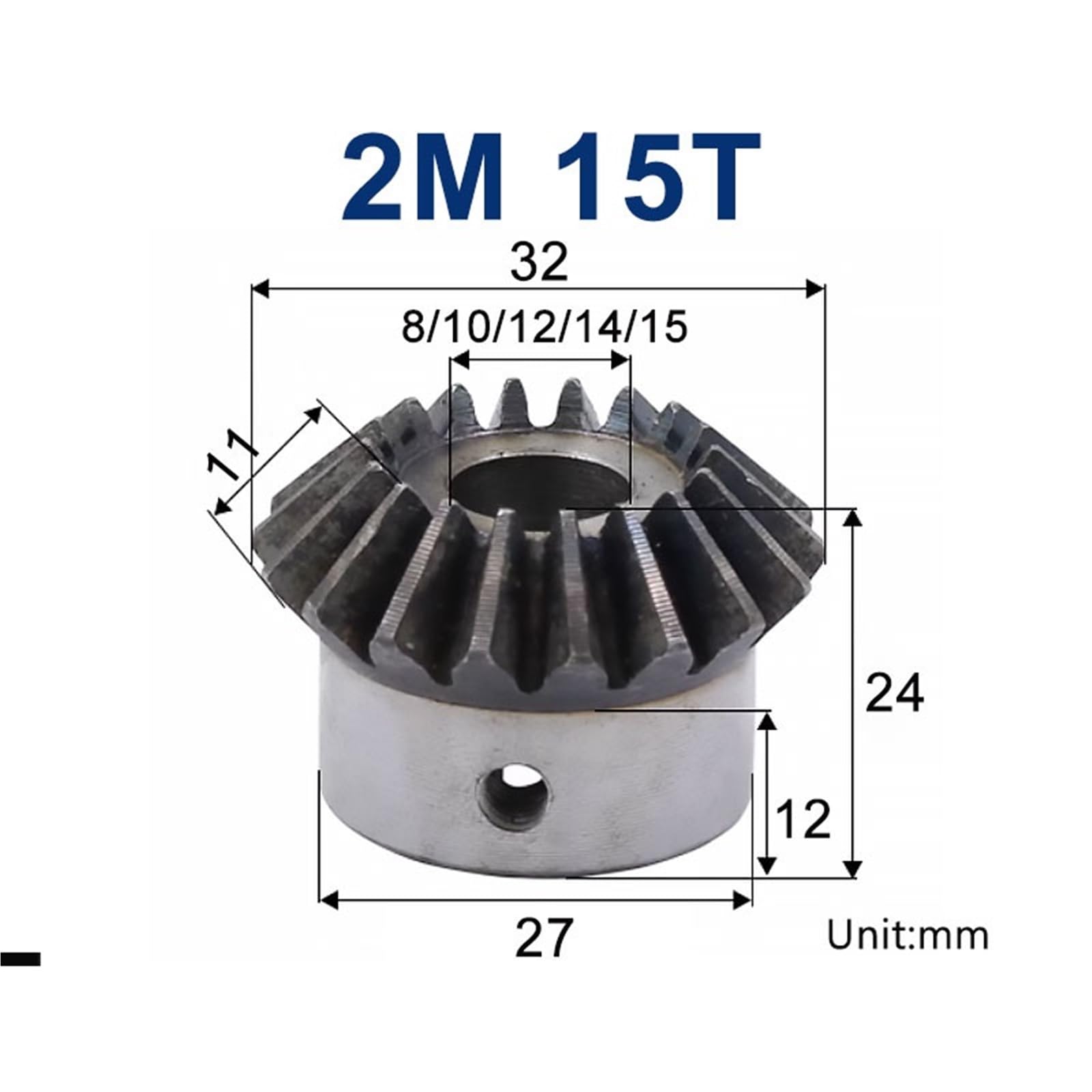 Engranaje cónico 2M 15 dientes con orificio interior 6 mm, 7 mm, 8 mm, 10 mm, 12 mm, 14 mm, 15 mm, accionamiento de 90 grados, engranajes de acero con tornillos (12 mm keyway 4 mm, 13 unidades 2M 15