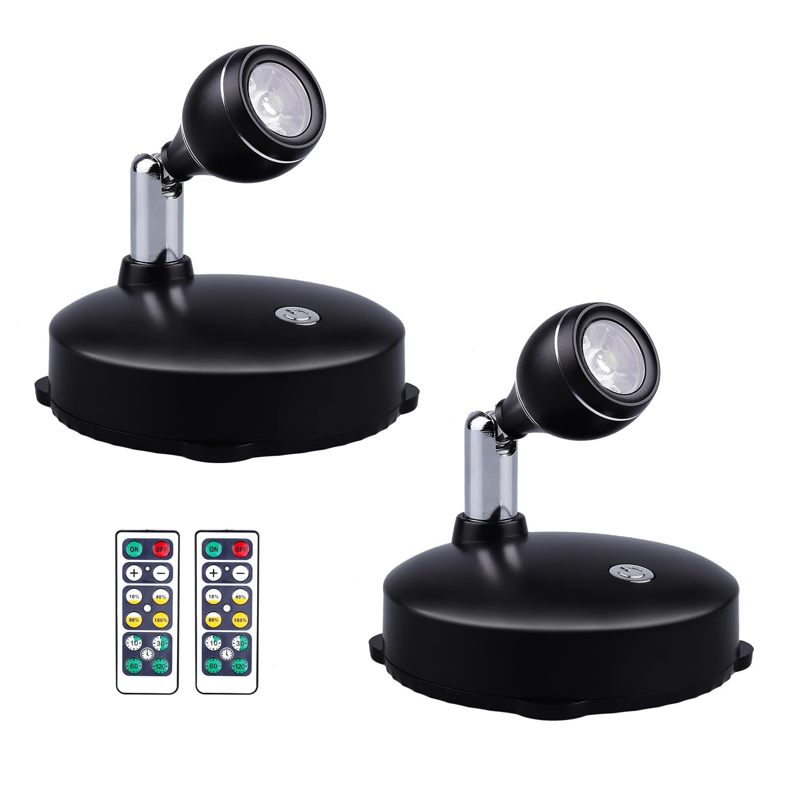 2Pcs Wireless Spotlight for Indoor, Battery Operated LED Spotlight with Dimmable Rotatable Timer Uplight Mini Accent Lights with Remote for Wall Display Plants Painting Artwork Closet Natural White