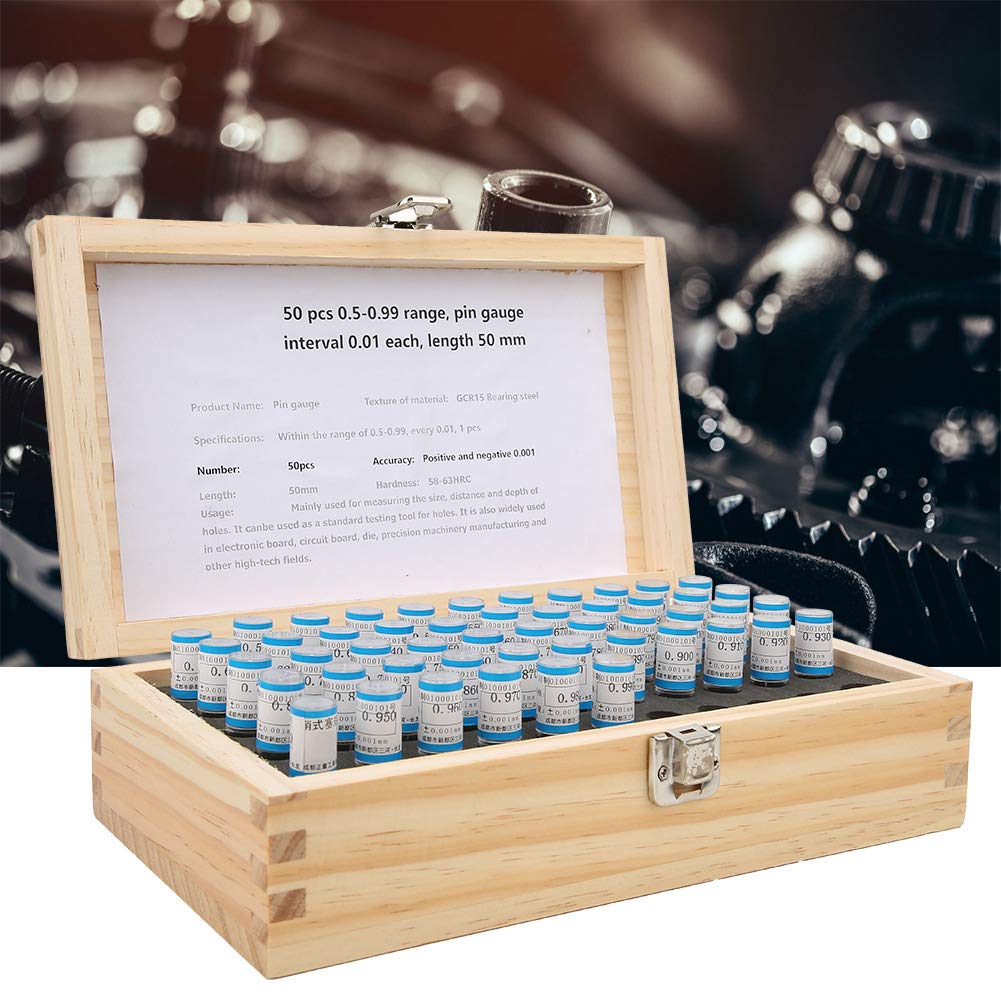 Respicefinem Pin Gauge Set 26. 0×15. 0×8. 0 50Pcs 0. 5-0. 99Mm Plug Pin Gage Set 0. 001Mm Tolerance Bearing Steel Tool with Wooden Box Pin Gage Set