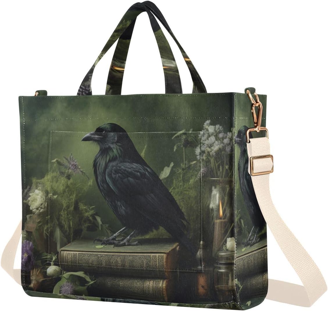 Raven Book Flower Corduroy Women Tote Bag, Handbag Purse with Detachable Strap Small Size