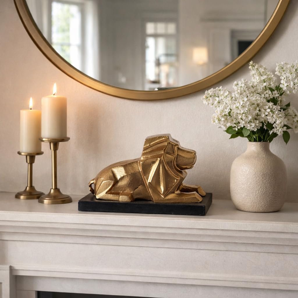 Lion Sculpture Home Decor Metal Figurine Ornament - Modern Accent Statue on Marble Base for Shelf or Coffee Table - Elegant Styling for Living Room, Bathroom, Office or Room - 8”, Gold & Metallic
