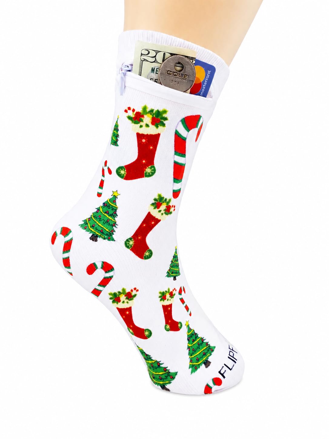 Zipper Sock Wallet - Cotton &amp; Polyester Zipper Socks with Pockets - Fits shoe size 6-13