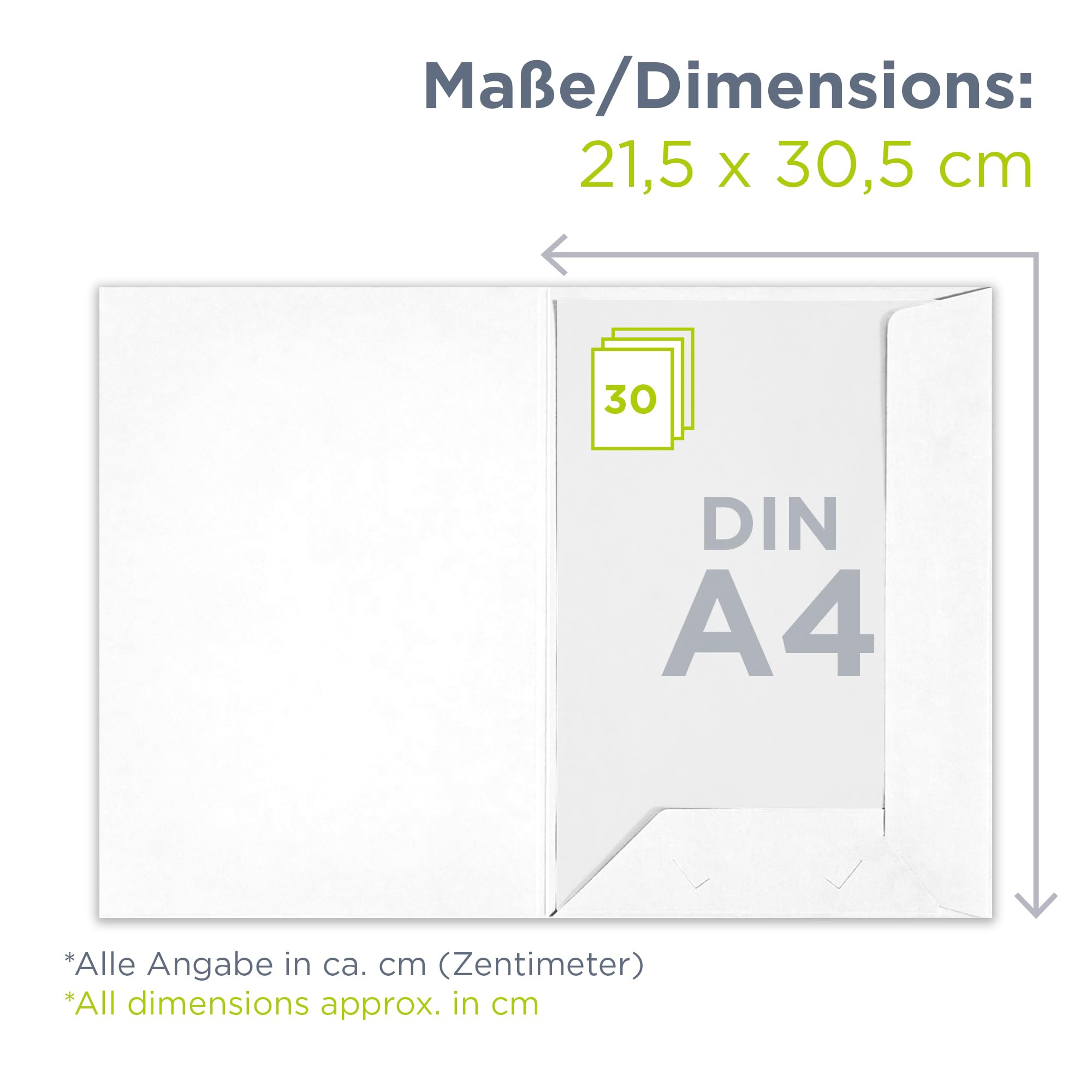 100 x Präsentationsmappe für A4 in weiß, FSC® MIX 70%, sehr stabile Dokumentenmappe 320g/m² Karton mit Visitenkartenschlitz, passt in C4-Umschlag, Made in Germany, direkt vom Hersteller Werbegrün
