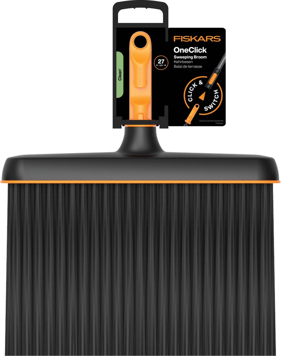 Fiskars OneClick Scopa, Robusta Testina per Sporco Grossolano e Foglie, Sostituzione Facile con un Solo Clic, Setole più Lunghe, Nero/Arancione, 1080699