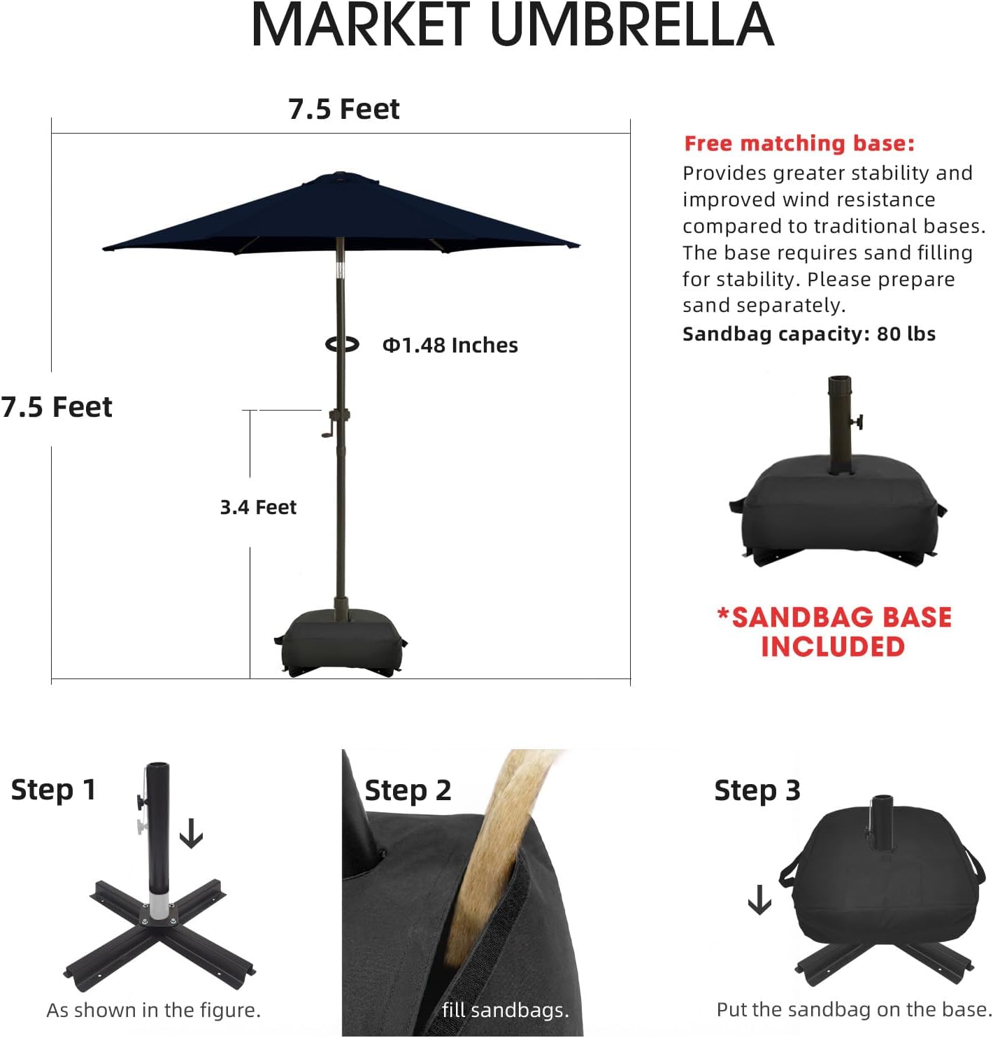 wikiwiki 7.5FT Patio Umbrella with Base, Outdoor Umbrellas with Base Included, 6 Sturdy Ribs, Waterproof Fade Resistant POLYESTER DTY Canopy for Deck, Lawn, Garden, Backyard & Pool, Navy