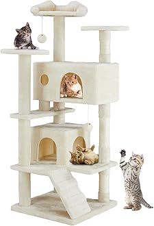 DUMOS 54-inch Indoor Cat Tree Tower –Multi-Level Pet House for Large Cats with 2 Condos, Scratching Posts, Round Platform, Small Ladder, and Toys, Beige