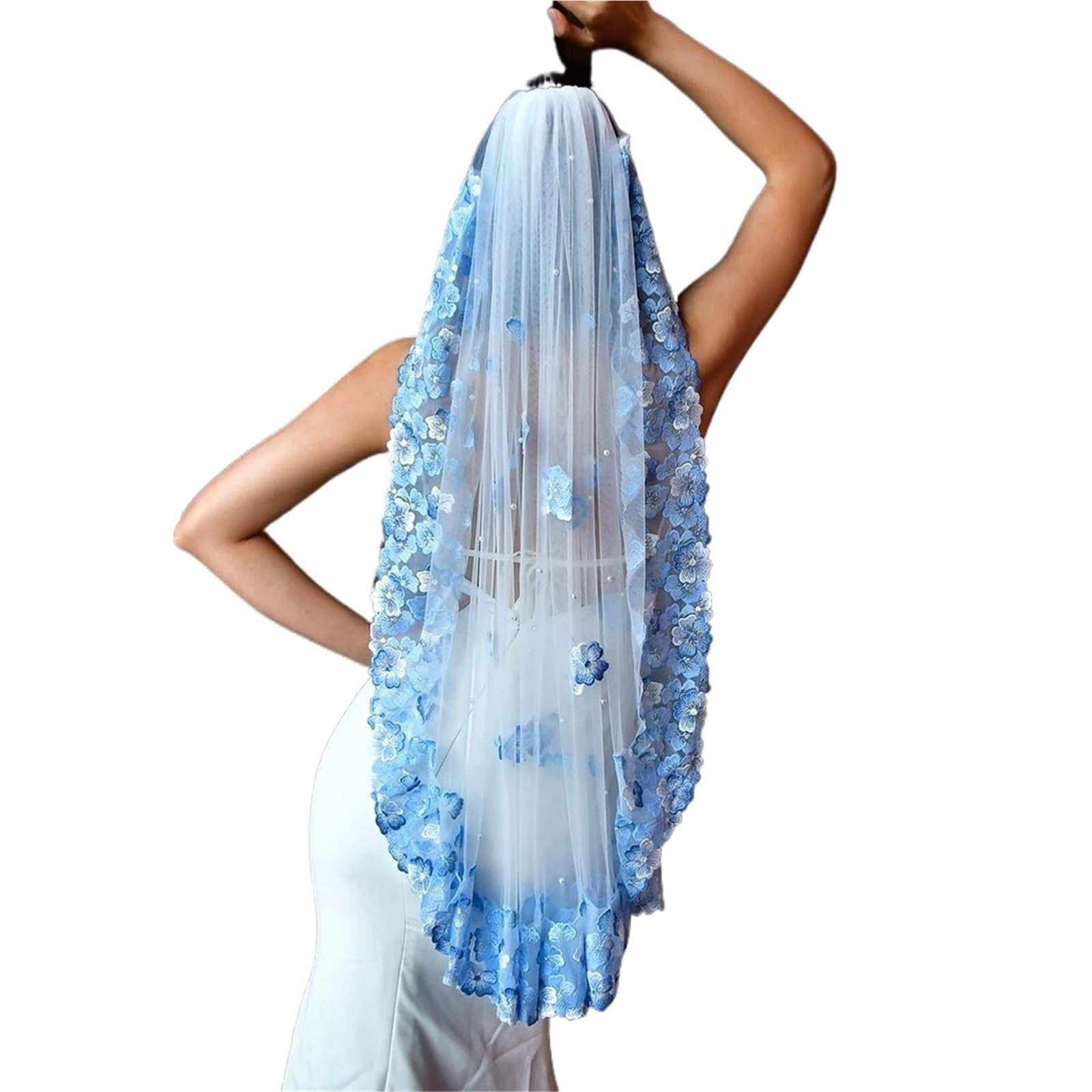 Brautschleier Braut Blumenstickerei Blaue Blume Wald Fantasy Reisefotografie Schleier Hochzeit Brautschleier