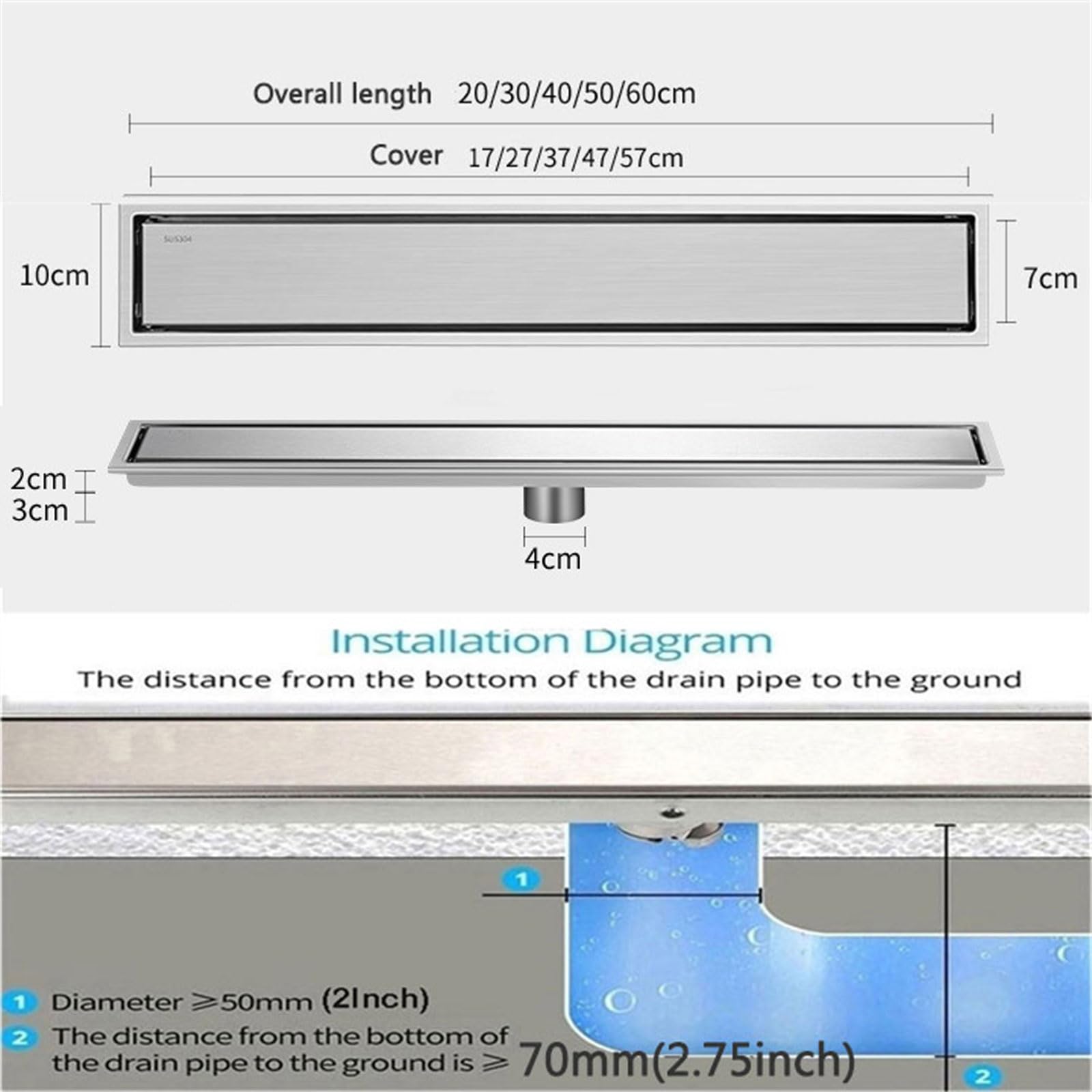 d inless - Desagüe de ducha lineal de acero con colador de pelo, 10 x 30 cm, sifón invisible para cocina, baño, inodoro, diseño de canal de ducha Sk
