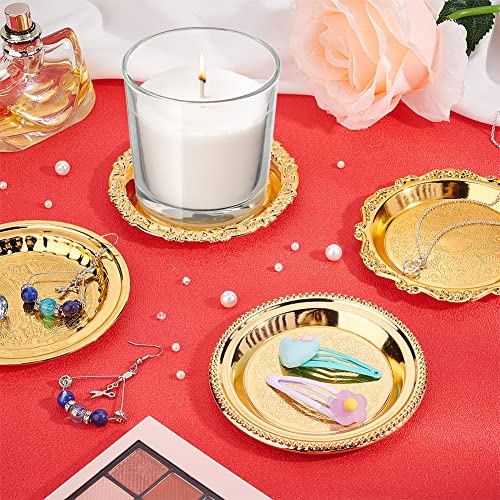 Fingerinspire 4Pcs 4 Style Iron Plate Candle Holder (Golden, 4 Inch) Flat Round Candlestick Base Retro Embossed Metal Candle Stand For Led & Wax Candles Incense Cones Spa Wedding Party Banquet #TOP4