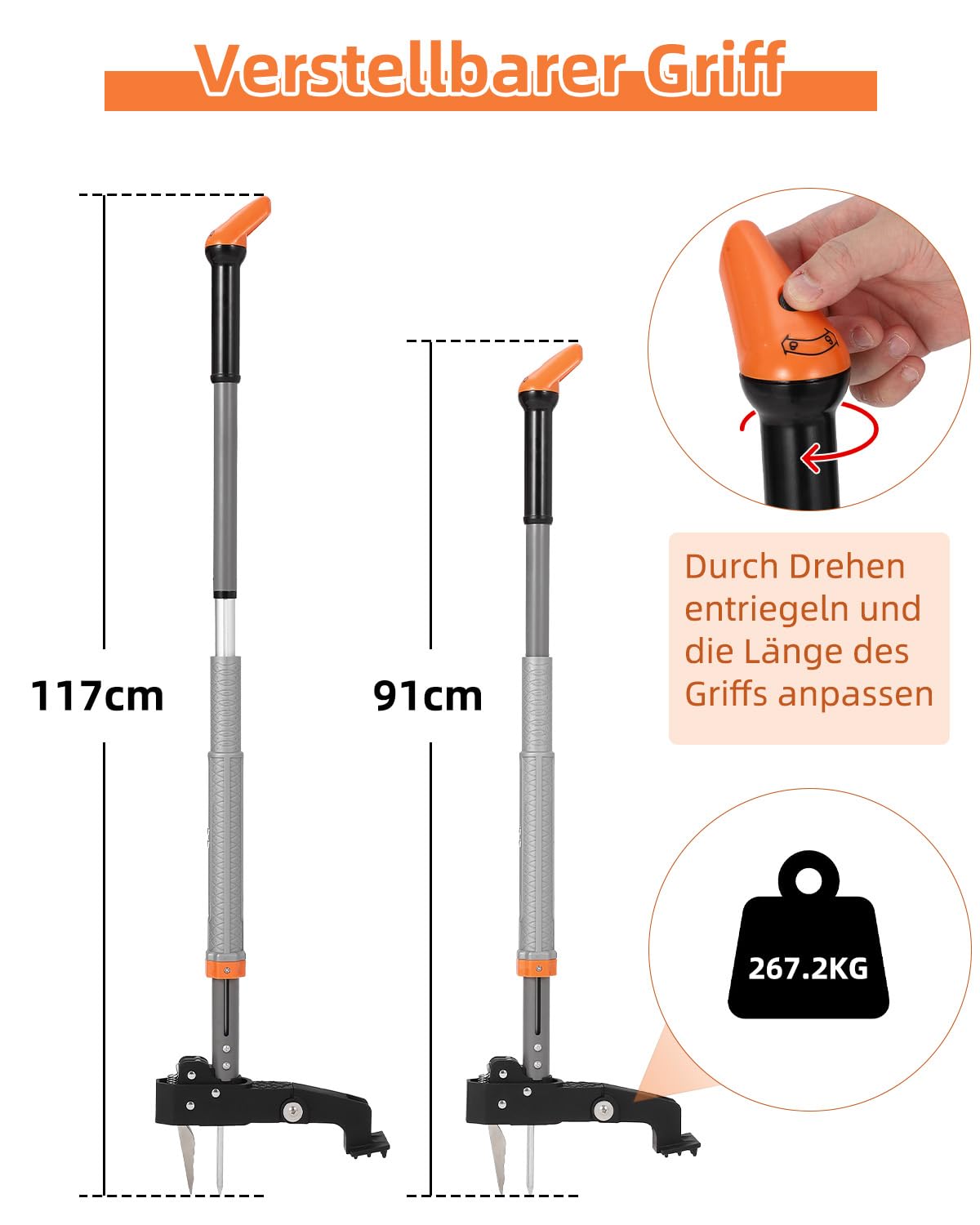 HAUSPROFI Extractor Malas Hierbas (Longitud de 91 cm a 117 cm), Bolsa de Jardinería de 50 litros, 4 Dientes de Rastrillo, Diseño de Retorno Automático, para el Mantenimiento del Césped
