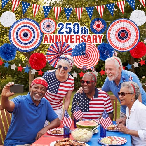 Image of 17 Pcs 4th of July Patriotic Decorations Set | 250th Anniversary, Paper Fans Pom Poms Banner Foil Curtain, Independence Day Memorial Day Party Decor