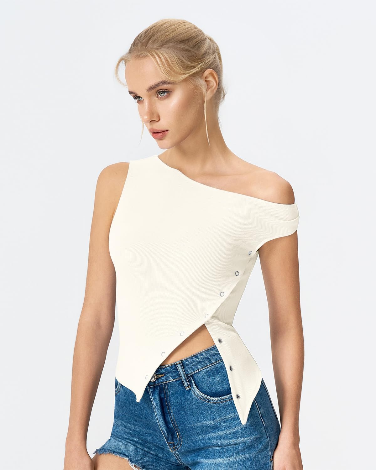 QINSEN Womens Off Shoulder Asymmetrical Tops Diagonal Button-up Closure Split Hem Cropped T Shirts Y2k Tank Top - Image 2