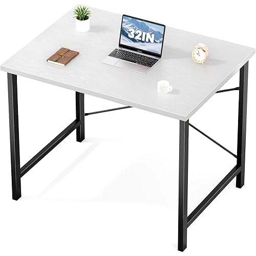 Sweetcrispy Computer Small Desk, 32 Inch Office Writing Work Study Kids Student Home Bedroom Table with Metal Frame Wooden Tabletop No Wheels - White Wood