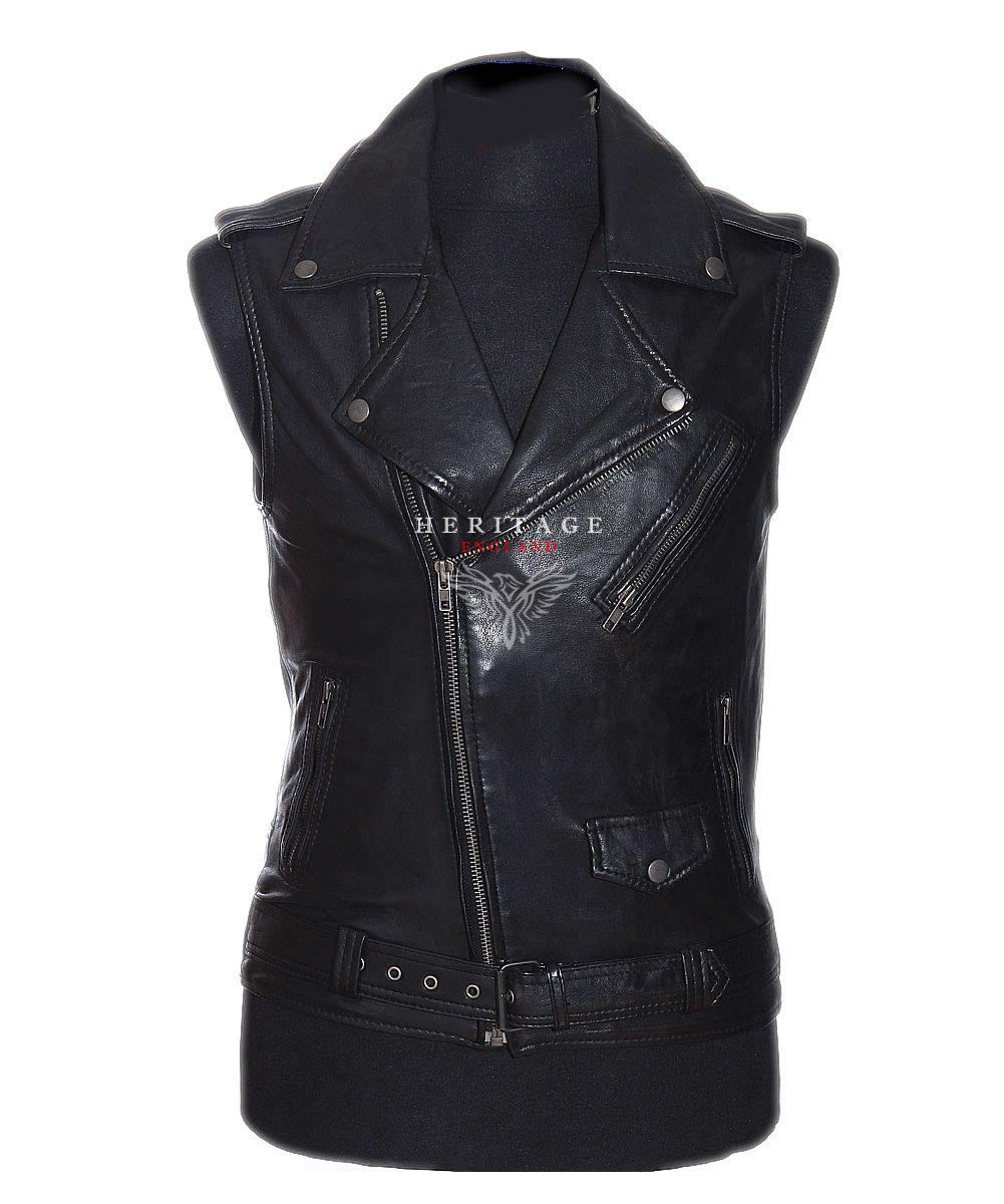 S.r Men's Black Brando Motorcycle Biker Cruiser Lambskin Leather Fashion Waistcoat (Xl)