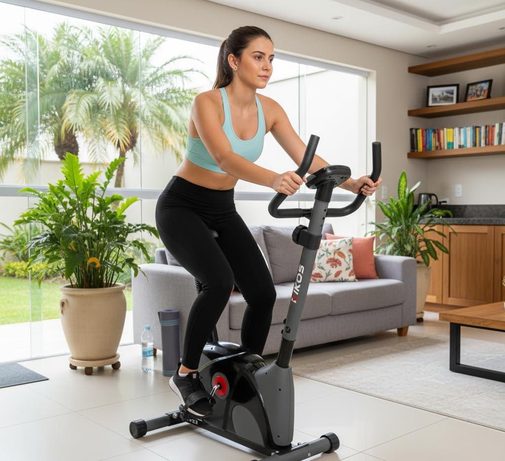 Imagem lateral da bicicleta ergométrica em uma sala de estar iluminada.