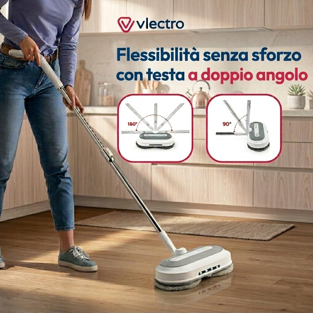 Mocio Elettrico Lavapavimenti Senza Fili | Doppia Rotazione, Testa 180°/90°, Acqua Spray, Luce LED, Per Parquet, Piastrelle e Superfici Dure