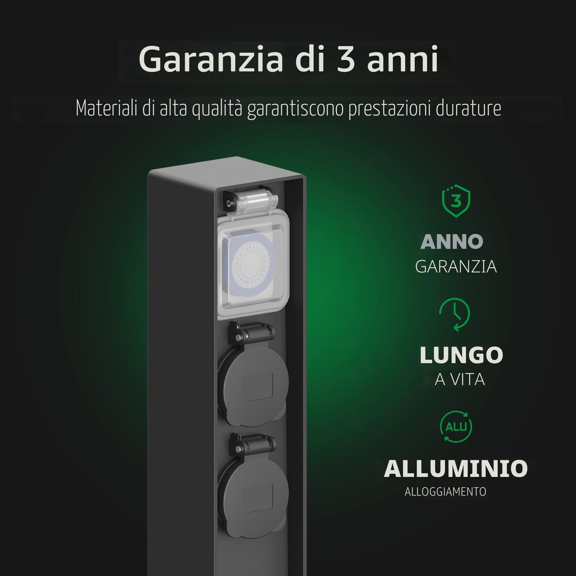 Ledvion - Presa esterna con palo, Incl. Sensore, 2 prese, impermeabile IP44, garanzia 3 anni