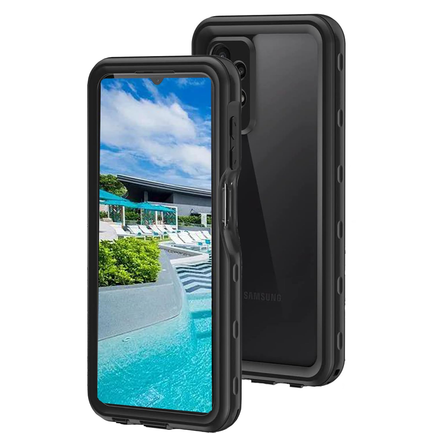 Sfulatdc Compatible with Samsung A23 Waterproof Case, Dustproof Shockproof Snowproof with Built in Screen & Camera Lens Protector Lanyard Full Body Cover for Galaxy A23 Black/Clear